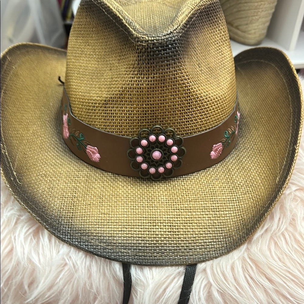 Source Unknown Tan Cowboy Hat with Pink Floral Band